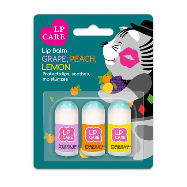 Бальзам для губ `LP CARE` (виноград, персик, лимон) 2,5x3 шт